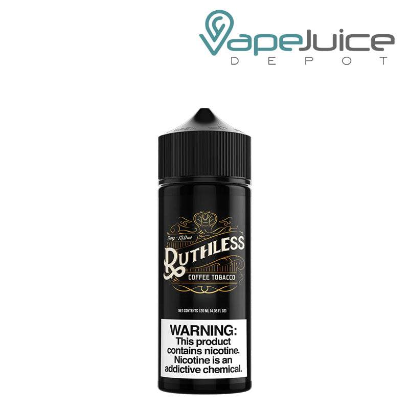 A 120ml bottle of Coffee Tobacco Ruthless Vapor with a warning sign - Vape Juice Depot