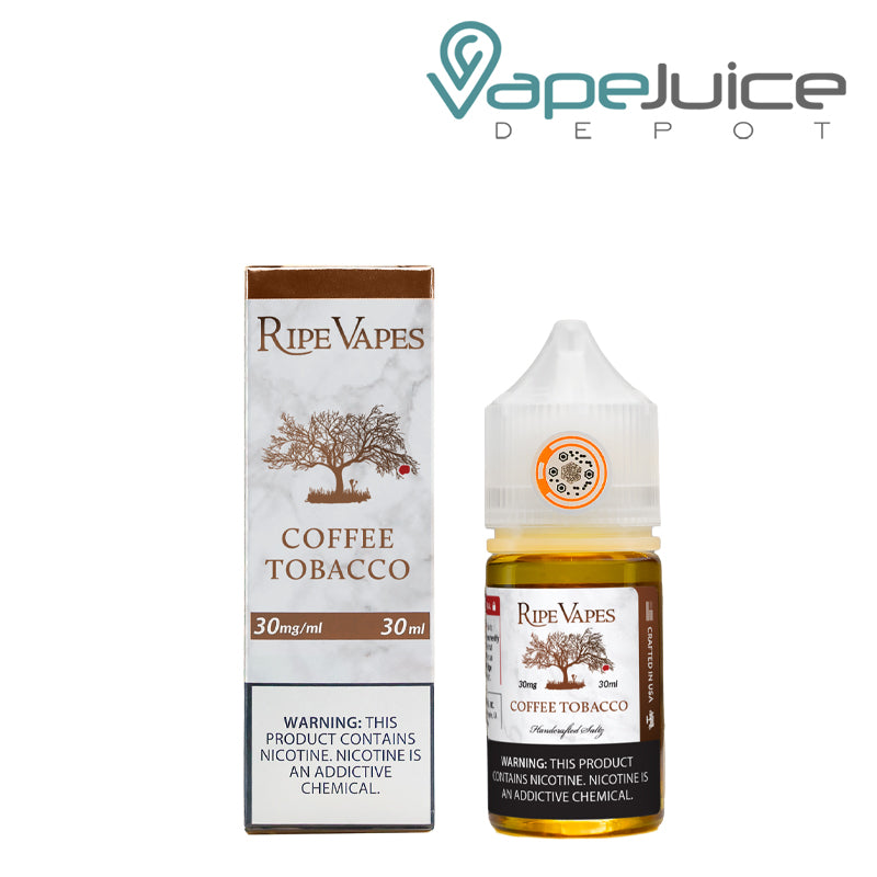 A Box of Coffee Tobacco Saltz Ripe Vapes with a warning sign and a 30ml bottle next to it - Vape Juice Depot