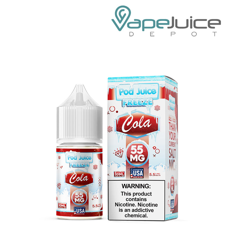 A 30ml bottle of Cola Freeze TFN Salt and a box with a warning sign next to it - Vape Juice Depot