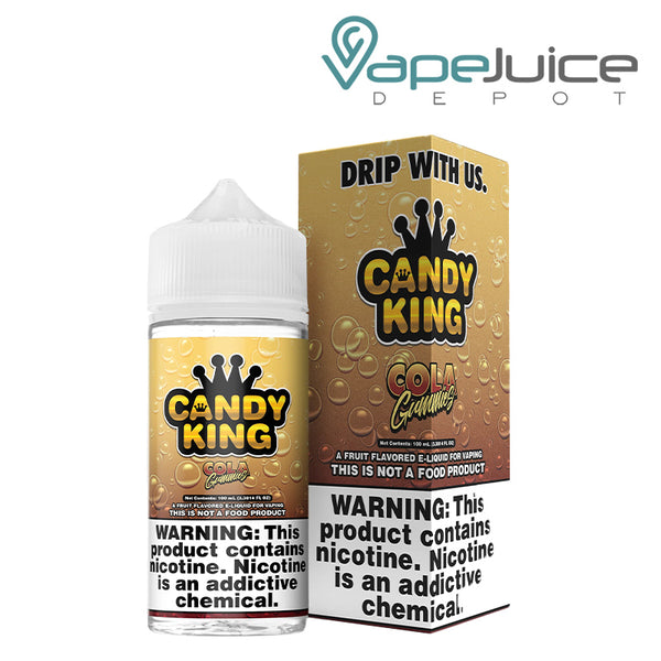 A 100ml bottle of Cola Gummies Candy King eLiquid and a box with a warning sign next to it - Vape Juice Depot