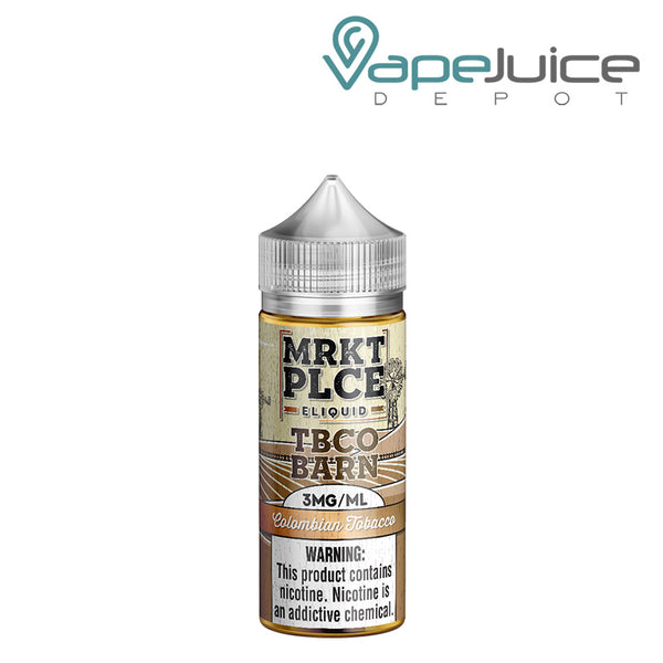 A 100ml bottle of Colombian Tobacco MRKTPLCE TBCO Barn with a warning sign - Vape Juice Depot