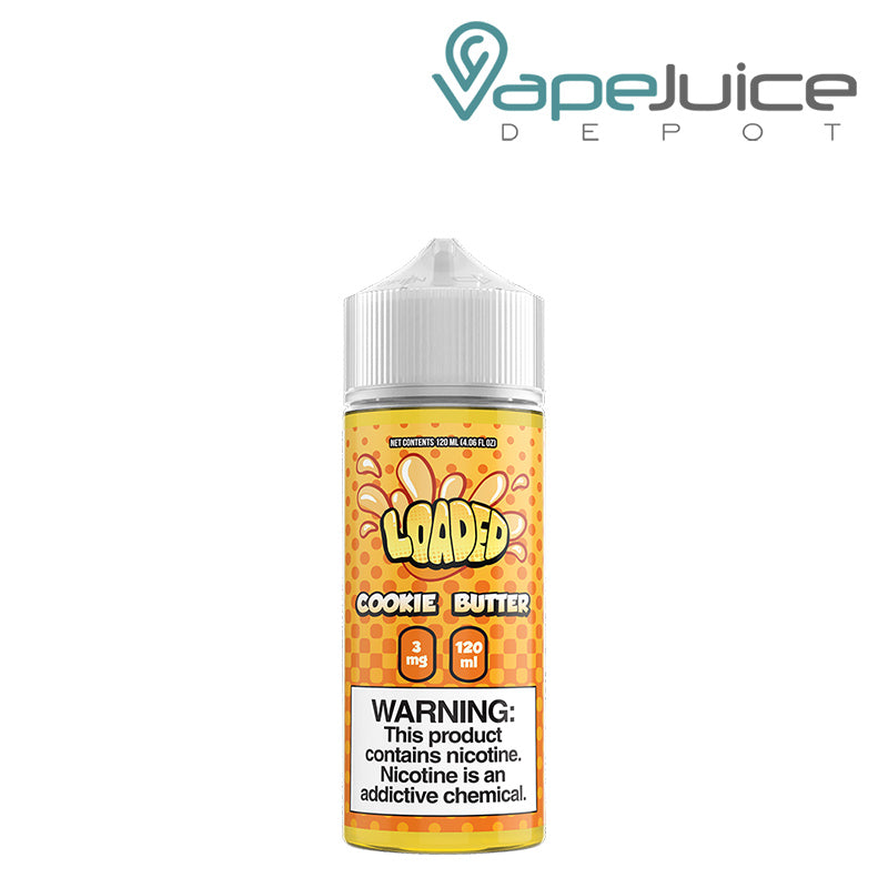 A 120ml bottle of Cookie Butter LOADED eLiquid with a warning sign - Vape Juice Depot
