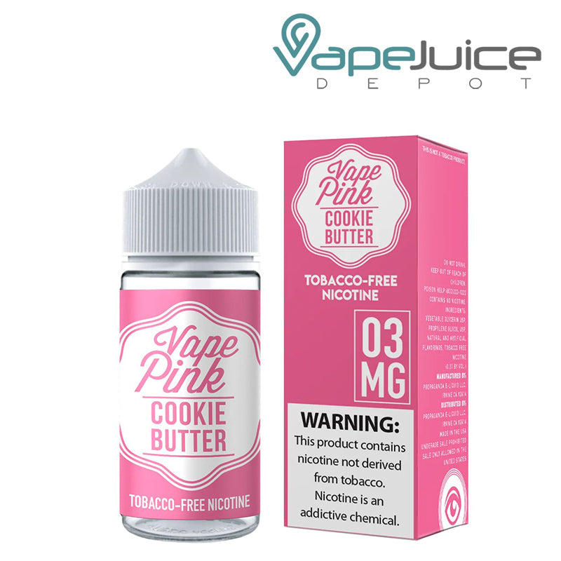 A 100ml bottle of Cookie Butter Propaganda Vape Pink eLiquid and a box with a warning sign next to it - Vape Juice Depot