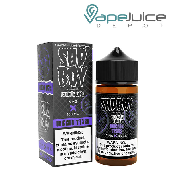 A box of Unicorn Tears SadBoy eLiquid with a warning sign and a 100ml bottle next to it - Vape Juice Depot