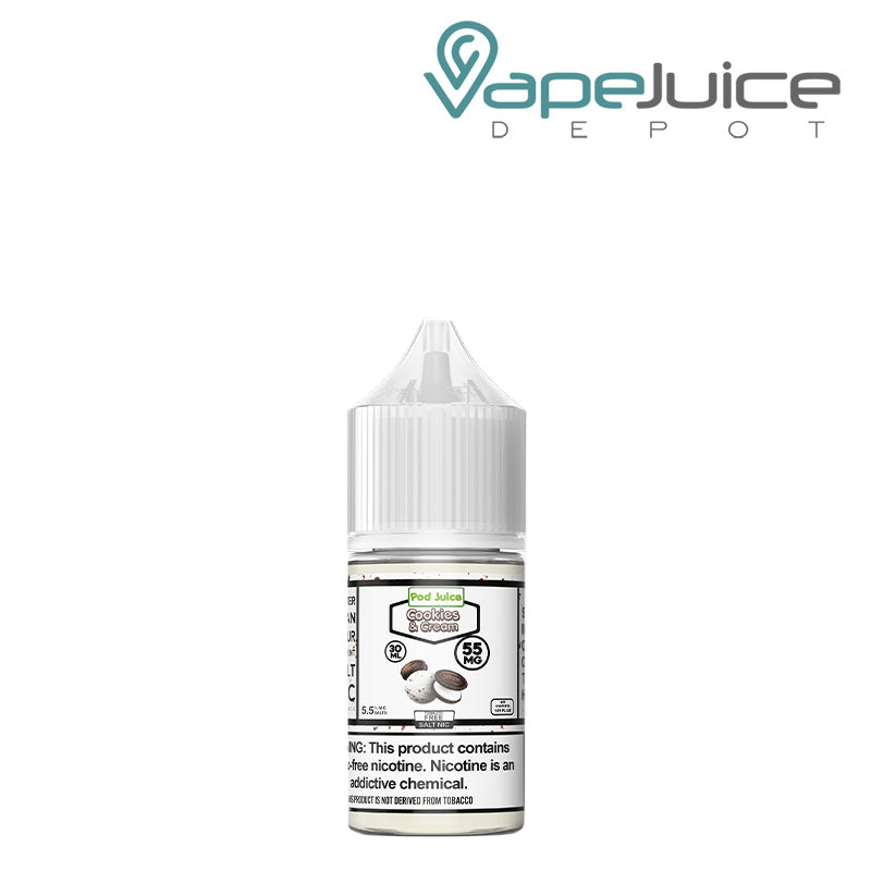 A 30ml bottle of Cookie and Cream Pod Juice TFN Salt with a warning sign - Vape Juice Depot
