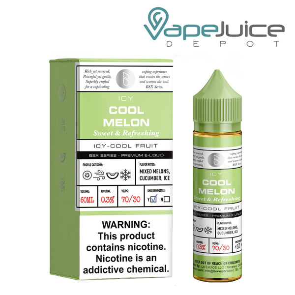 A box of Cool Melon Glas Basix Series with a warning sign and a 60ml bottle next to it - Vape Juice Depot