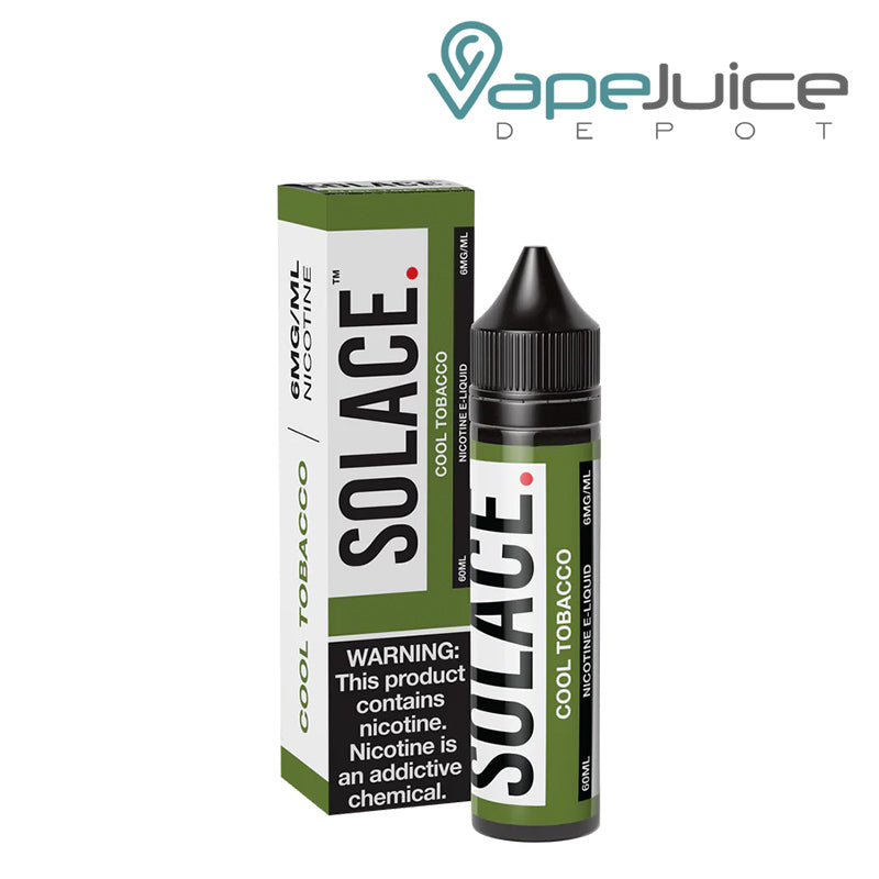 A box of Cool Tobacco Solace Vapors 6mg with a warning sign and a 60ml bottle next to it - Vape Juice Depot