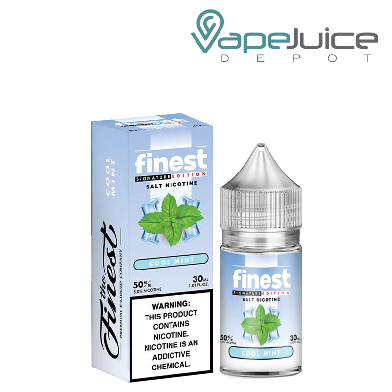 A box of Cool Mint Finest SaltNic Series with a warning sign and a 30ml bottle next to it - Vape Juice Depot