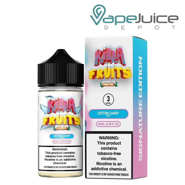 A 100ml bottle of Cotton Candy On Ice Killa Fruits Signature TFN Series and a box with a warning sign next to it - Vape Juice Depot