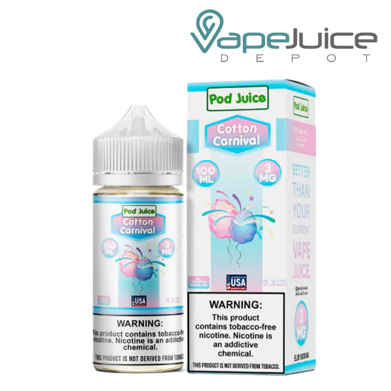 A 100ml bottle of Cotton Carnival Pod Juice TFN with a warning sign and a box next to it - Vape Juice Depot