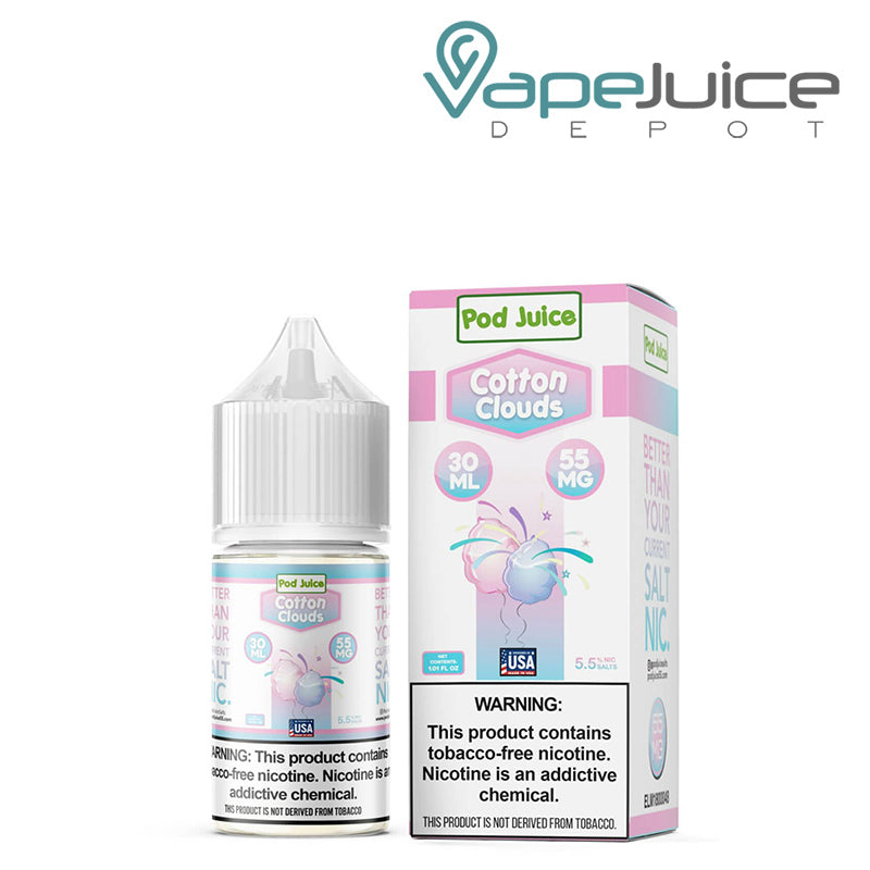 A 30ml bottle of Cotton Clouds Pod Juice TFN Salt and a box with a warning sign next to it - Vape Juice Depot