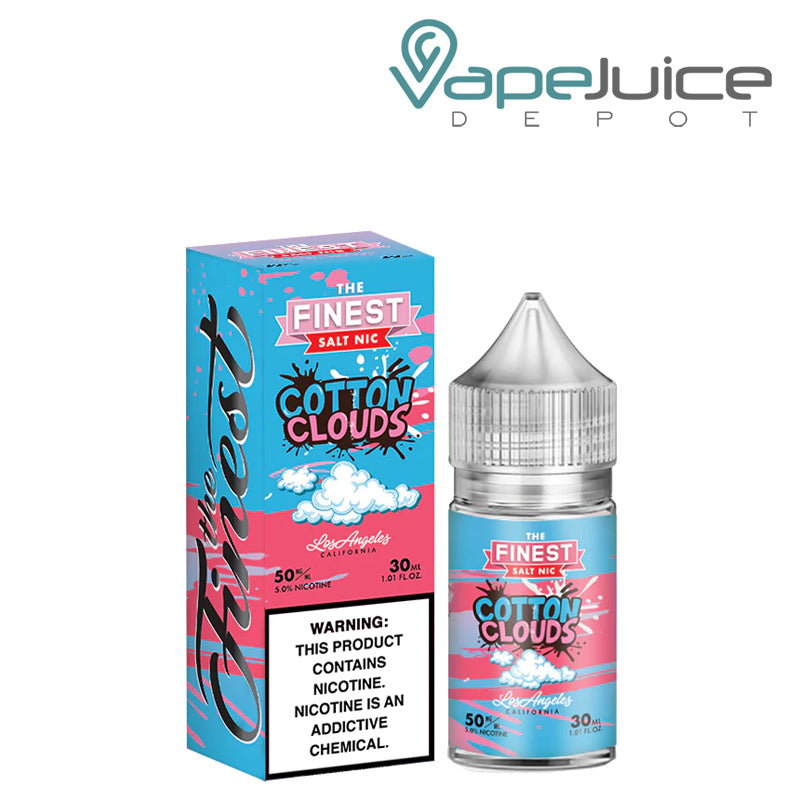 A box of Cotton Clouds Finest SaltNic Series with a warning sign and a 30ml bottle next to it - Vape Juice Depot