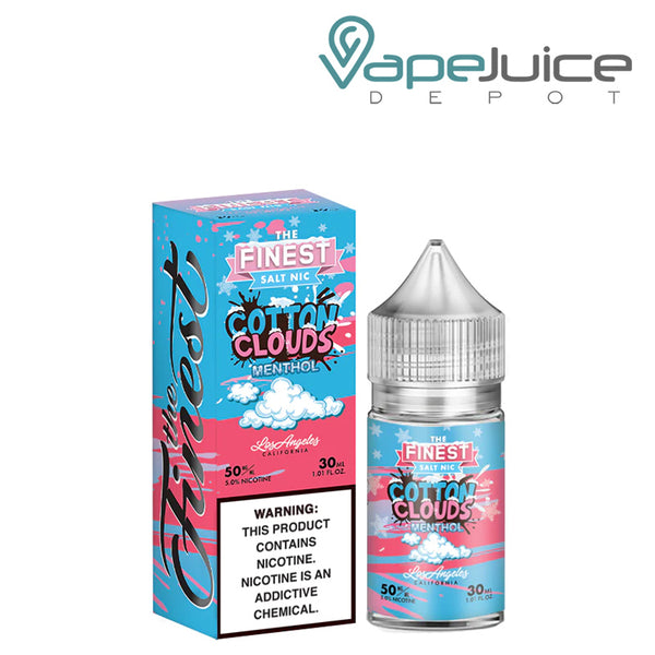 A box of Cotton Clouds Menthol Finest SaltNic Series with a warning sign and a 30ml bottle next to it - Vape Juice Depot