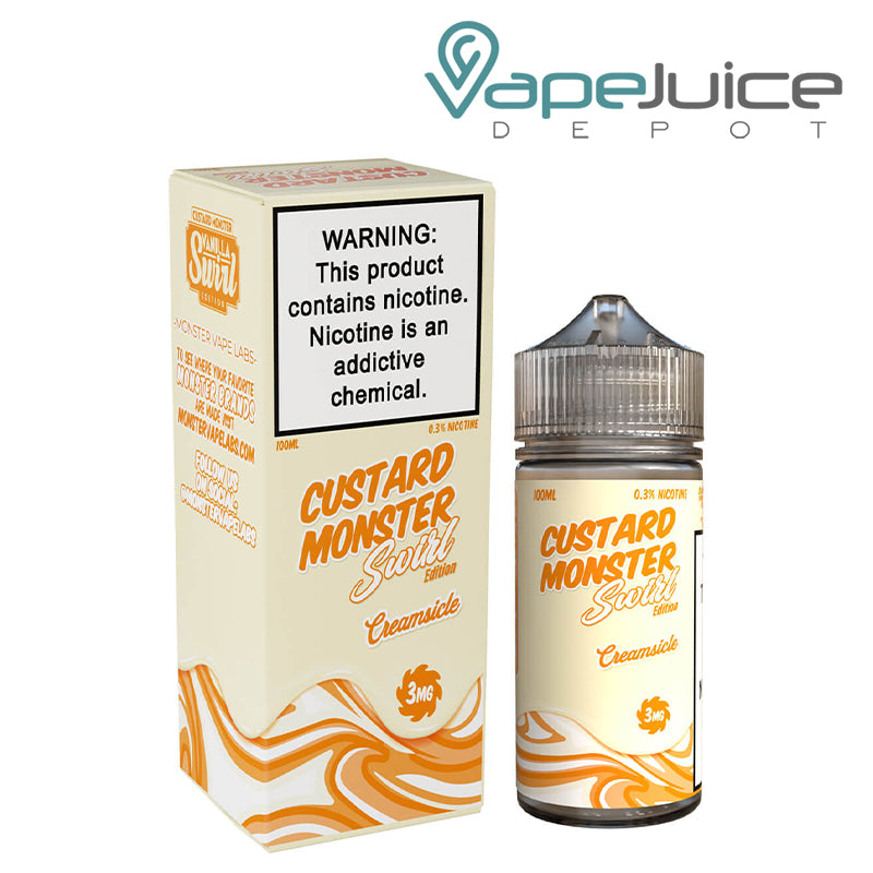 A Box of 3mg Creamsicle Custard Monster Swirl with a warning sign and a 100ml bottle next to it - Vape Juice Depot