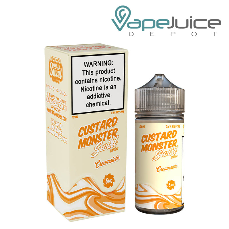 A Box of 6mg Creamsicle Custard Monster Swirl with a warning sign and a 100ml bottle next to it - Vape Juice Depot