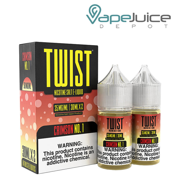 A box of Crimson No 1 Twist Salt E-Liquid with a warning sign and two 30ml bottles next to it - Vape Juice Depot