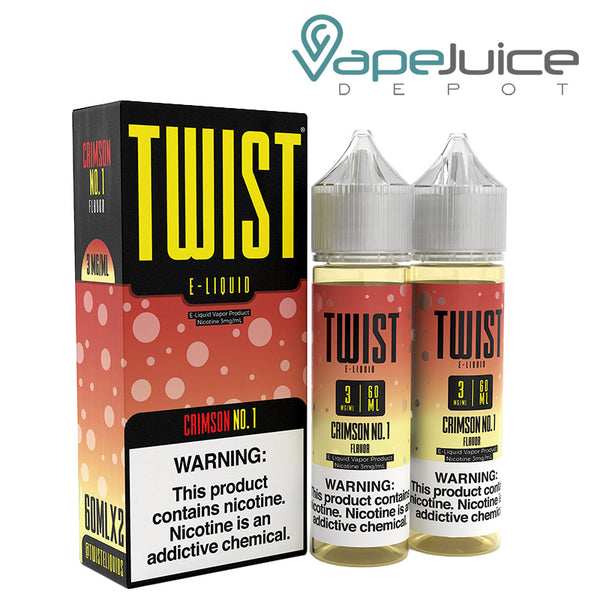 A box of Crimson No 1 Twist E-Liquid with a warning sign and two 60ml bottles next to it - Vape Juice Depot