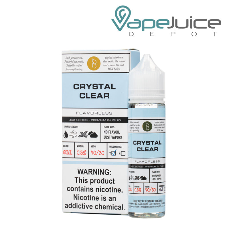 A box of Crystal Clear Glas Basix Series with a warning sign and a 60ml bottle next to it - Vape Juice Depot