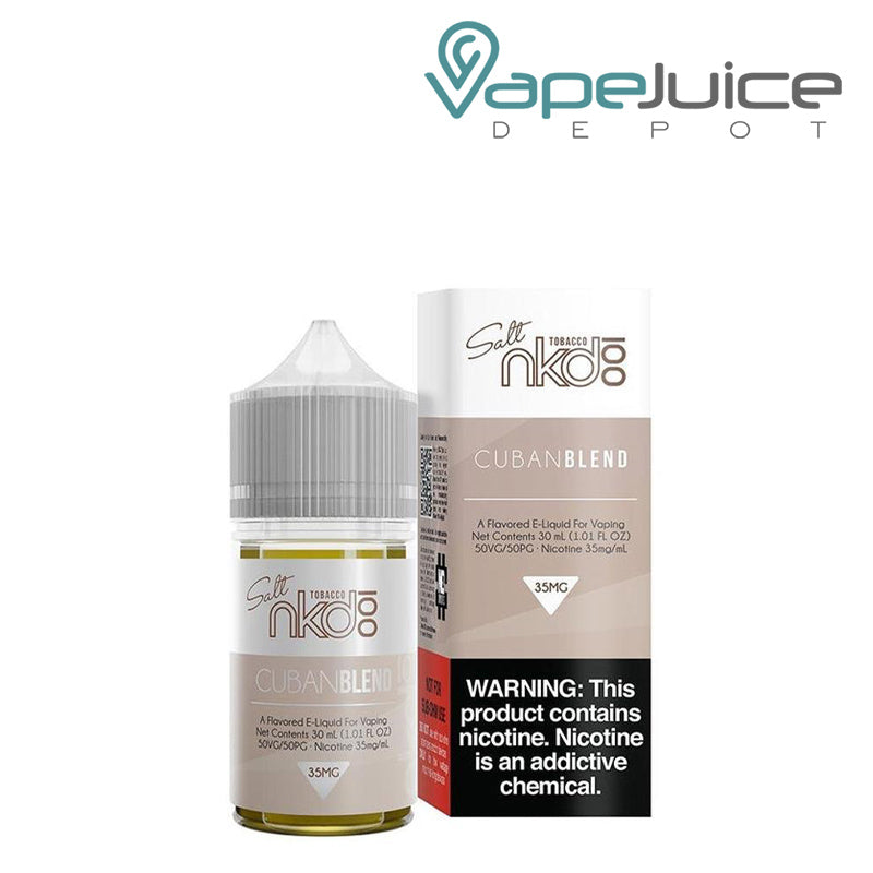 A 30ml bottle of Cuban Blend Naked 100 Salt eLiquid and a box with a warning sign next to it - Vape Juice Depot