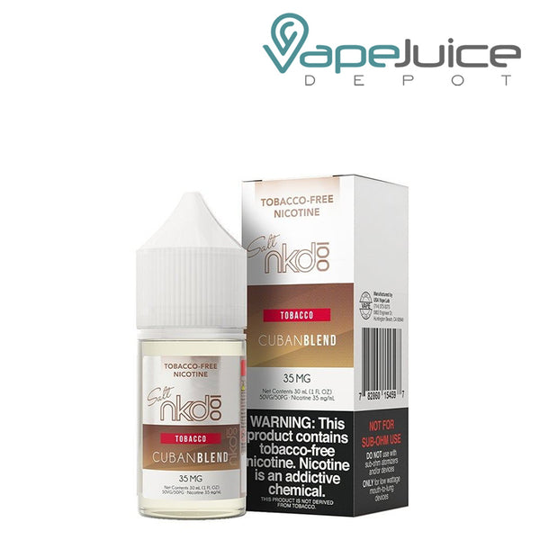 A 30ml bottle of Cuban Blend Naked Synthetic Salt and a box with a warning sign - Vape Juice Depot