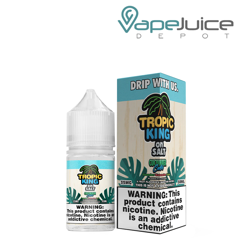 A 30ml bottle of Cucumber Cooler Tropic King On Salt and a box with a warning sign next to it - Vape Juice Depot