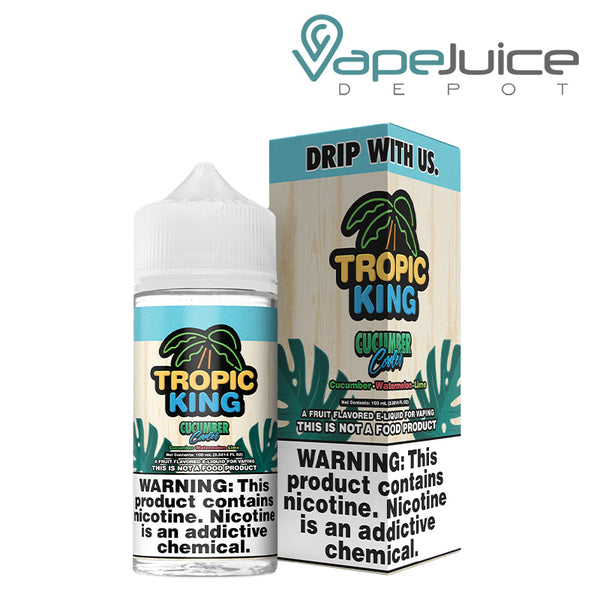 A 100ml bottle of Cucumber Cooler Tropic King and a box with a warning sign next to it - Vape Juice Depot