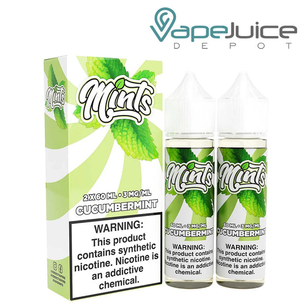 A Box of Cucumbermint Mints eLiquid with a warning sign and two 60ml bottles next to it - Vape Juice Depot