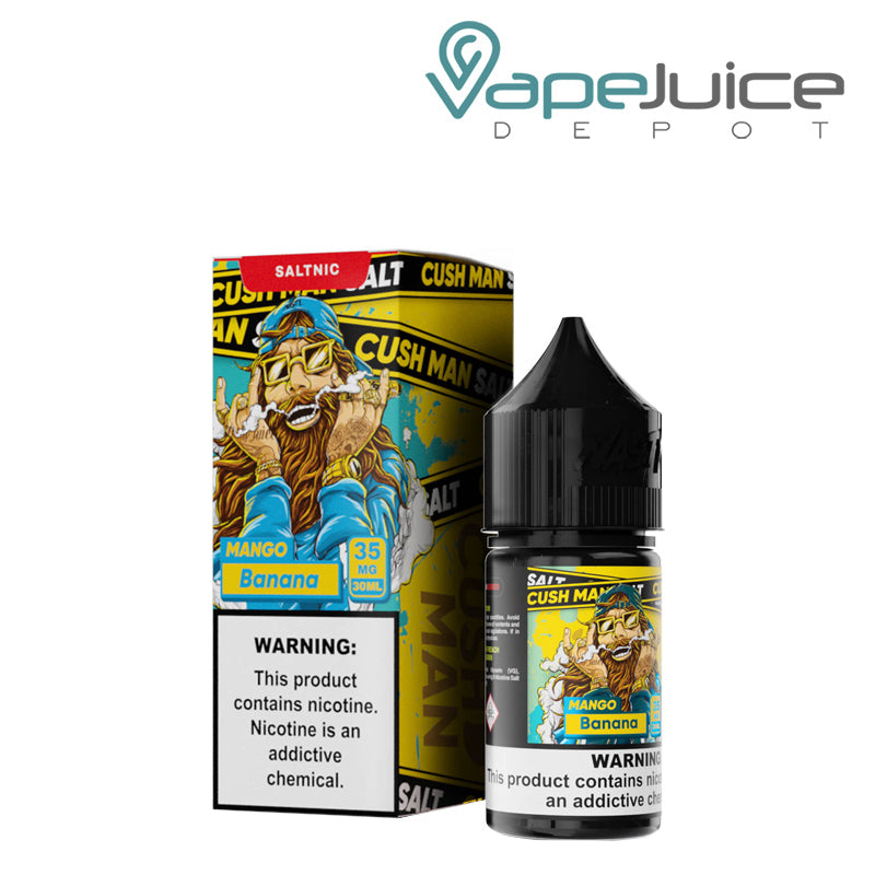 A box of Cush Man Banana Nasty Salt with a warning sign and a 30ml bottle next to it - Vape Juice Depot