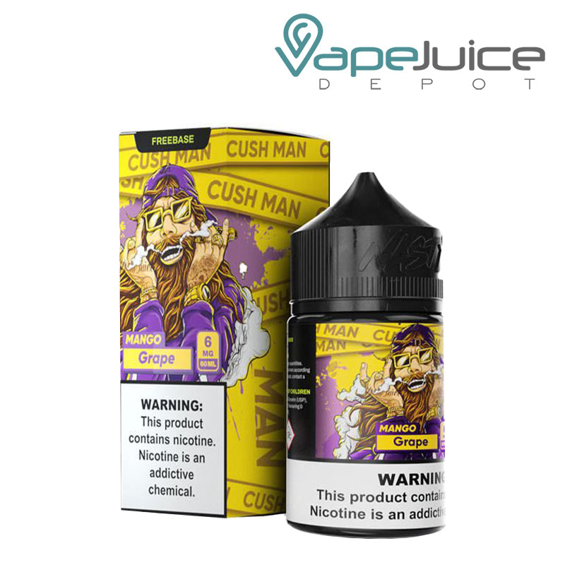 A Box of Cush Man Grape Nasty Juice with a warning sign and a 60ml bottle next to it - Vape Juice Depot