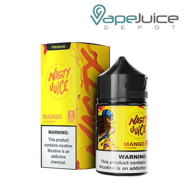 A box of Cush Man Nasty Juice with a warning sign and a 60ml bottle next to it - Vape Juice Depot