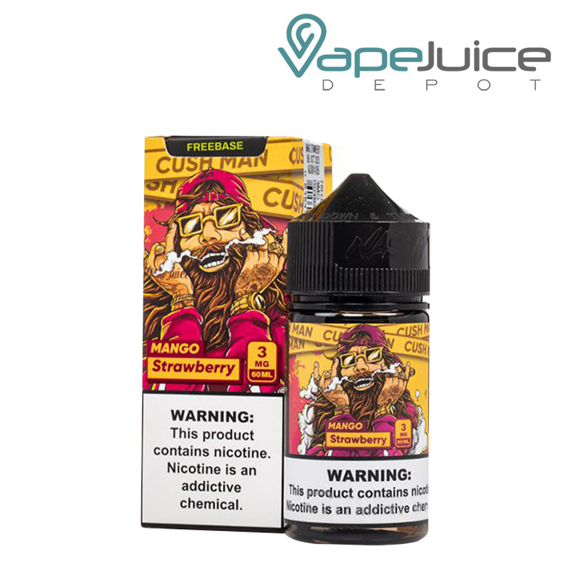 A Box of Cush Man Strawberry Nasty Juice with a warning sign and a 60ml bottle next to it - Vape Juice Depot - Vape Juice Depot