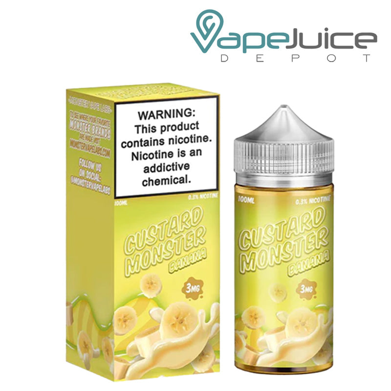 A box of Custard Banana Jam Monster eLiquid with a warning sign and a 100ml bottle next to it - Vape Juice Depot