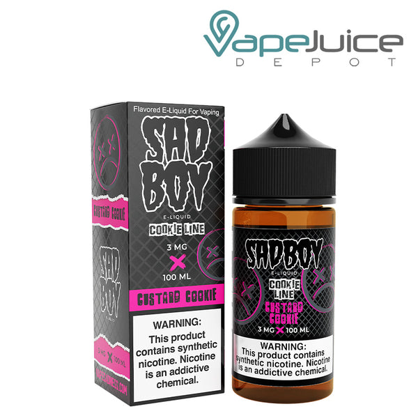 A box of Custard Cookie SadBoy eLiquid with a warning sign and a 100ml bottle next to it - Vape Juice Depot