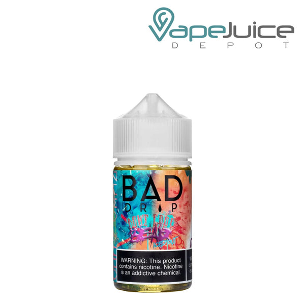 A 60ml bottle of Don't Care Bear Iced Bad Drip eLiquid with a warning sign - Vape Juice Depot