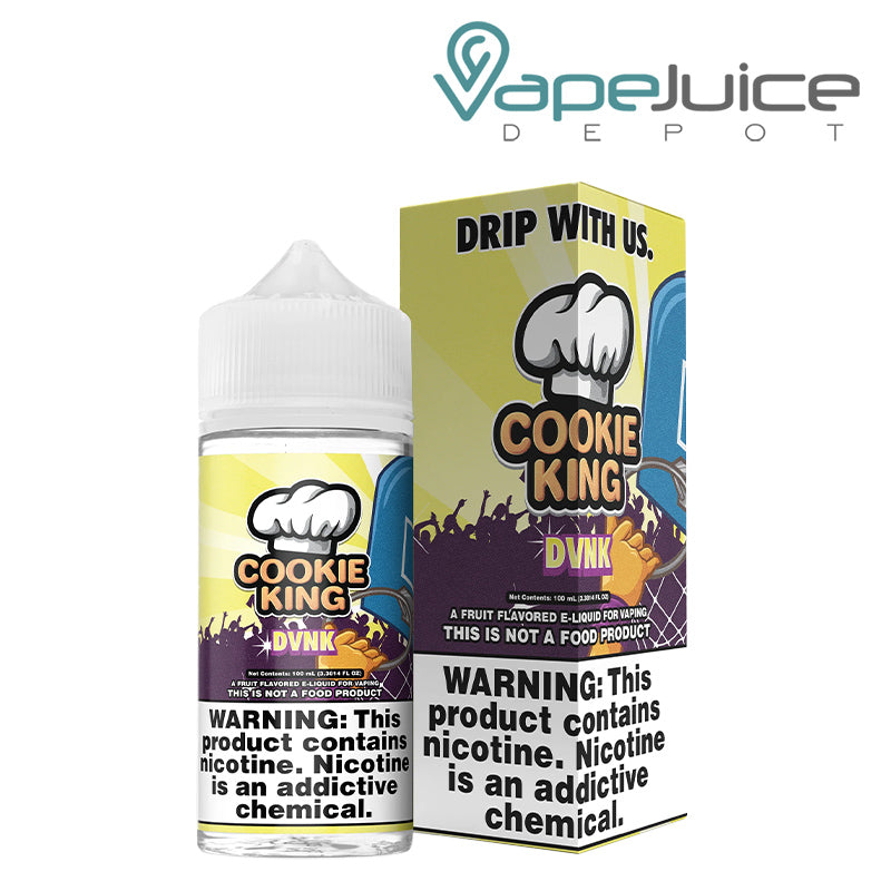 A 100ml bottle of DVNK Cookie King eLiquid and a box with a warning sign next to it - Vape Juice Depot