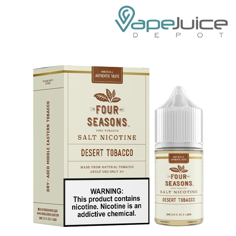 A box of Desert Tobacco Salt Four Seasons with a warning sign and a 30ml bottle next to it - Vape Juice Depot