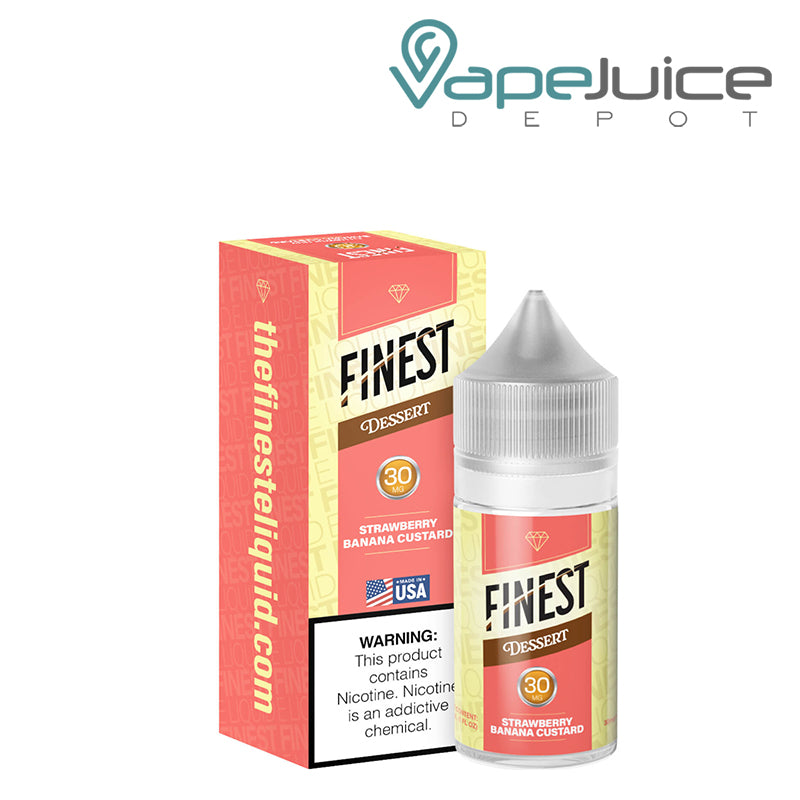 A Box of Strawberry Banana Custard The Finest Salt Nic with a warning sign and a 30ml 30mg bottle next to it - Vape Juice Depot