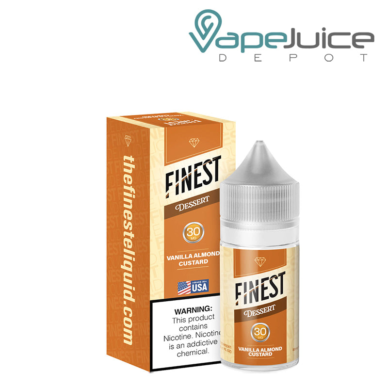 A box of Vanilla Almond Custard Finest SaltNic with a warning sign and a 30ml 30mg bottle next to it - Vape Juice Depot