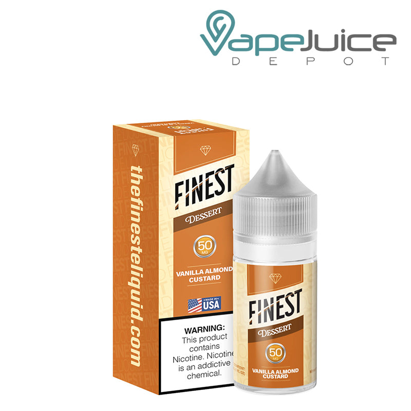 A box of Vanilla Almond Custard Finest SaltNic with a warning sign and a 30ml 50mg bottle next to it - Vape Juice Depot