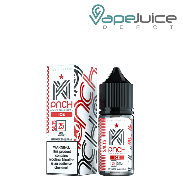 A box of Devil's Punchbowl Ice Salts Khali Vapors with a warning sign and a 30ml bottle next to it - Vape Juice Depot