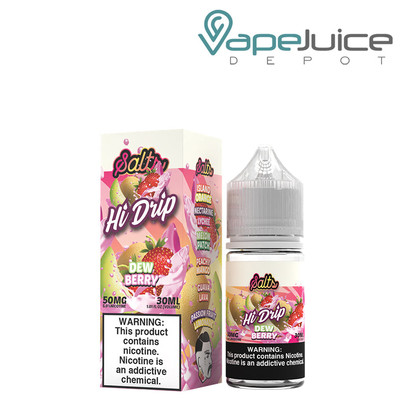 A box of 50mg Dew Berry Hi-Drip Salts and a 30ml bottle with a warning sign next to it - Vape Juice Depot