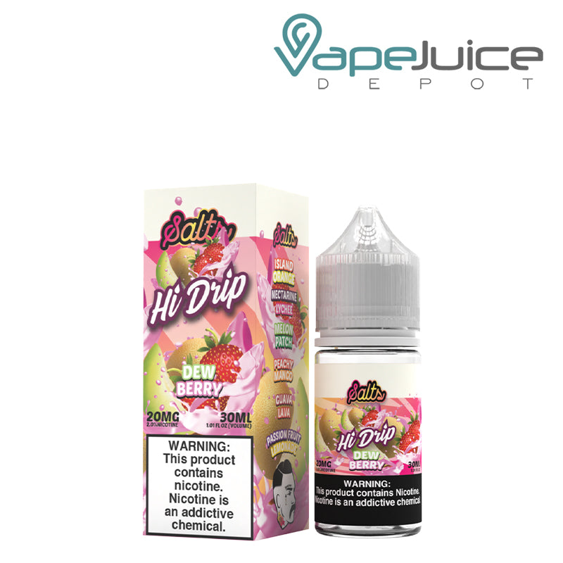 A box of 20mg Dew Berry Hi-Drip Salts and a 30ml bottle with a warning sign next to it - Vape Juice Depot