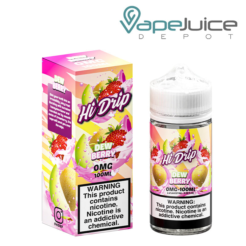 A box of Dew Berry Hi-Drip eLiquid with a warning sign and a 100ml bottle next to it - Vape Juice Depot