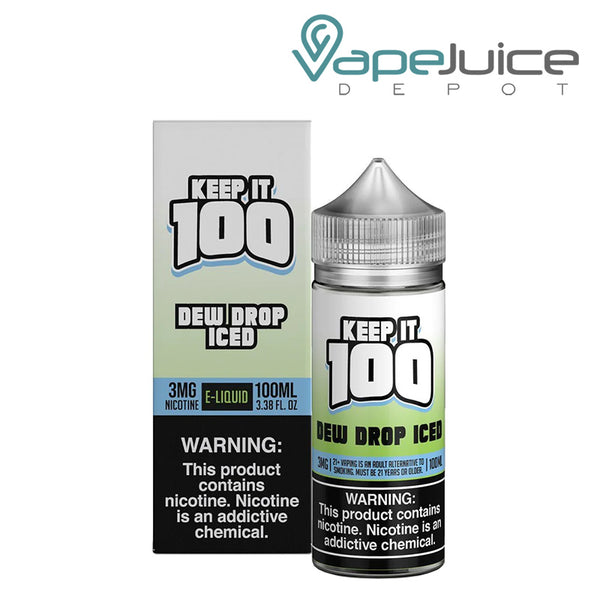 A box of Dew Drop Iced Keep it 100 TFN eLiquid with a warning sign and a 100ml bottle next to it - Vape Juice Depot