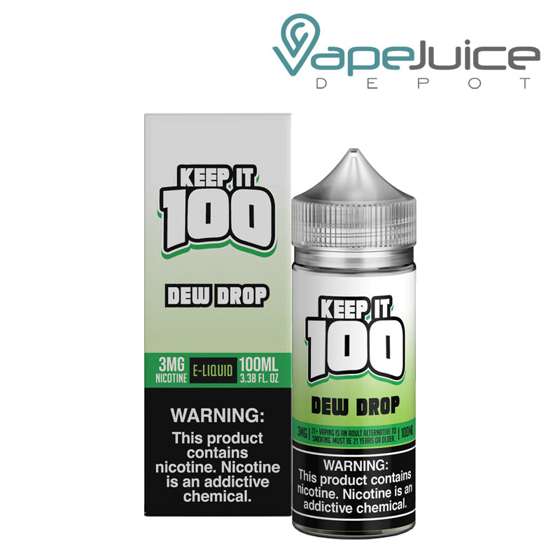 A box of Dew Drop Keep it 100 TFN eLiquid with a warning sign and a 100ml bottle next to it - Vape Juice Depot