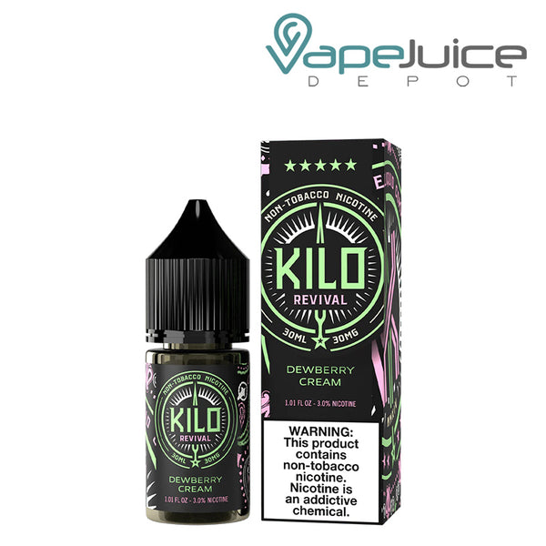 A 30ml bottle of Dewberry Cream Kilo Revival TFN Salt and a box with a warning sign next to it - Vape Juice Depot