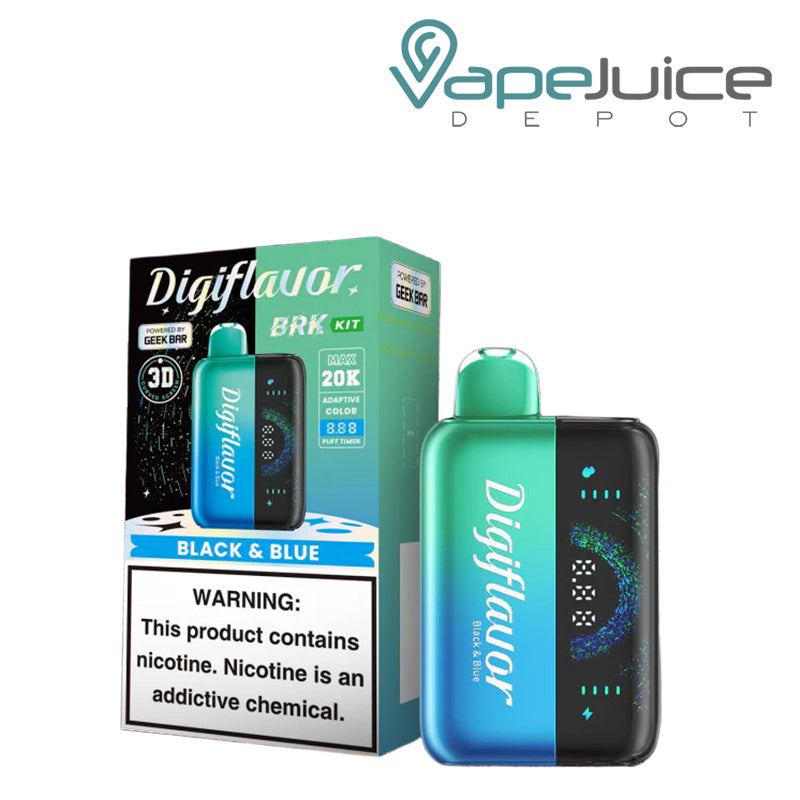 A Box of Black & Blue Digiflavor BRK 20000 Disposable Kit with a warning sign and a device with 3D screen next to it - Vape Juice Depot