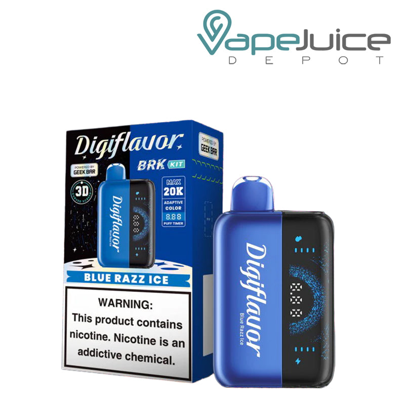 A Box of Blue Razz Ice Digiflavor BRK 20000 Disposable Kit with a warning sign and a device with 3D screen next to it - Vape Juice Depot