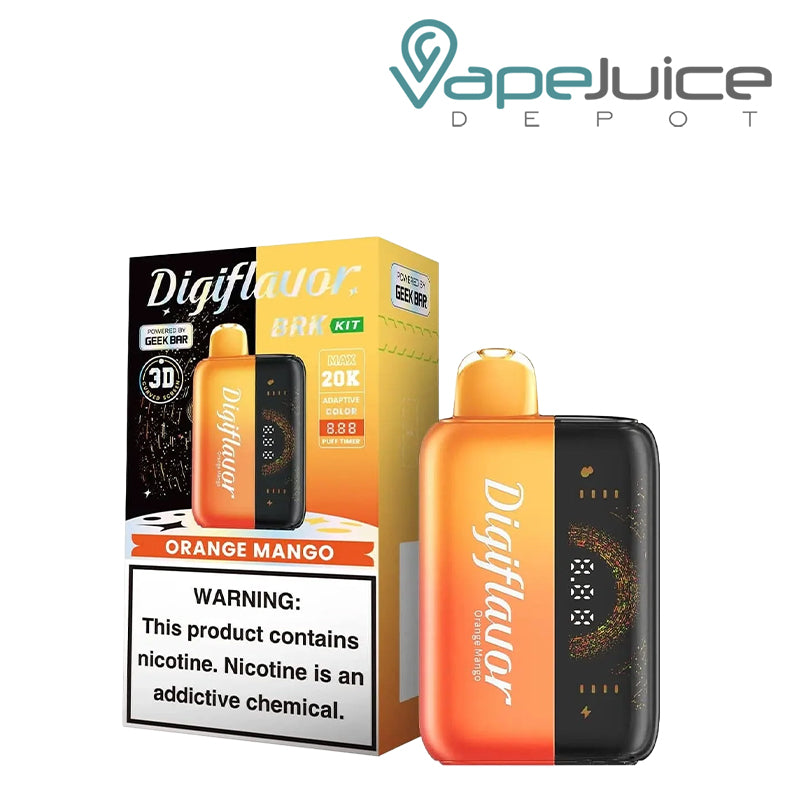 A Box of Orange Mango Digiflavor BRK 20000 Disposable Kit with a warning sign and a device with 3D screen next to it - Vape Juice Depot