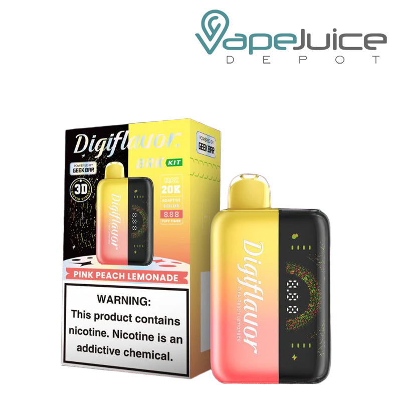 A Box of Pink Peach Lemonade Digiflavor BRK 20000 Disposable Kit with a warning sign and a device with 3D screen next to it - Vape Juice Depot